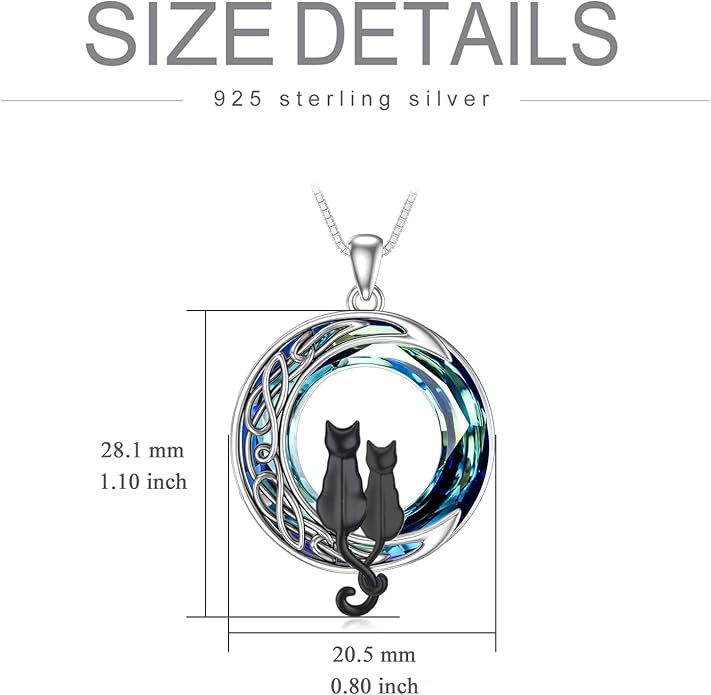 TOUPOP Cat Gifts for Cat Lovers 1 2 3 Cats Necklace Sterling Silver Cat on the Moon Pendant Necklace with Blue Circle Crystal Birthday Christmas Celtic Jewelry Gifts for Women