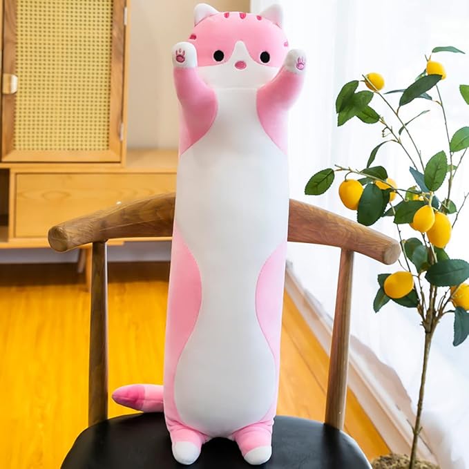 Long Pink Cat Plush Pillow Toy Sleeping Pillow Cute Cartoon Cat Stuffed Animals Soft Long Body Pillow Gift for Kids (27.55in)