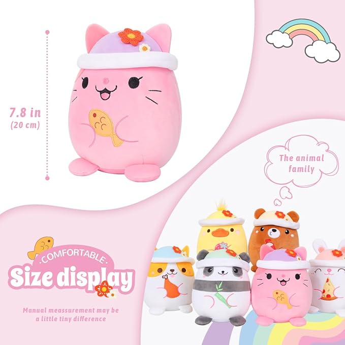 AIXINI Cute Pink Cat Plush Pillow 8" Kitten Stuffed Animal, Soft Kawaii Cat Plushie with Hat Outfit Costume Gift