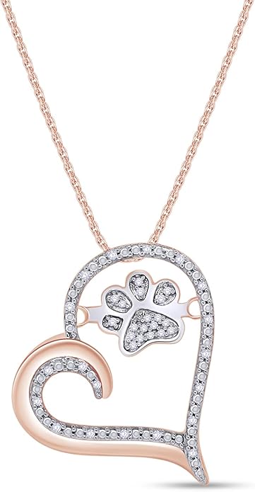 AFFY Paw Print Dog Cat Heart Pendant Necklace, 925 Sterling Silver & 10K Solid Gold Natural Diamond, Two Tone Heart Necklace for Pet Lovers, Elegant Silver Gift for Her