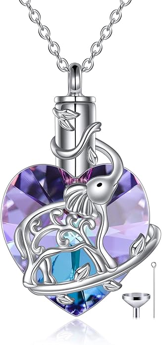 YFN Elephant Heart Crystal Urn Necklace for Ashes Cremation Jewelry Sterling Silver with Crystal Jewelry Gifts for Women