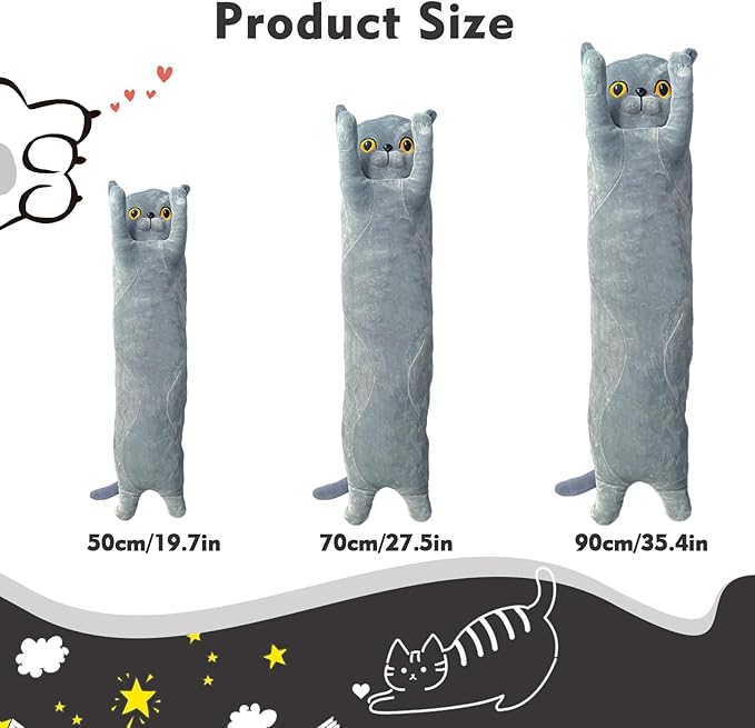 Long Cat Plush Pillow, 19.6in Cute Gray Cat Plushie Stuffed Animals Body Pillow, Kawaii Kitten Soft Plushie Doll Toy Birthday Gift for Kids Girlfriend