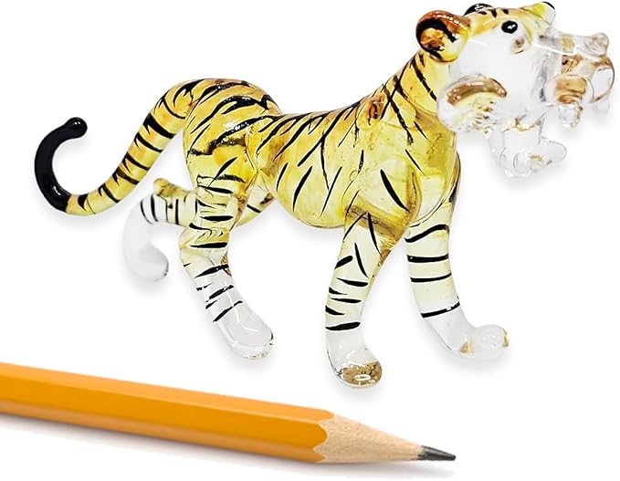 WitnyStore Tiny 2½" Long Yellow Black Standing Tiger Roaring Figurine - Miniature Hand Blown Painted Glass Panthera Wild Cat Small Crystal Wildlife Animals Decorative Collectible Figurines Décor Gifts