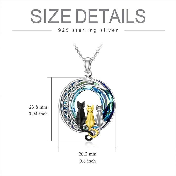 TOUPOP Cat Gifts for Cat Lovers 1 2 3 Cats Necklace Sterling Silver Cat on the Moon Pendant Necklace with Blue Circle Crystal Birthday Christmas Celtic Jewelry Gifts for Women