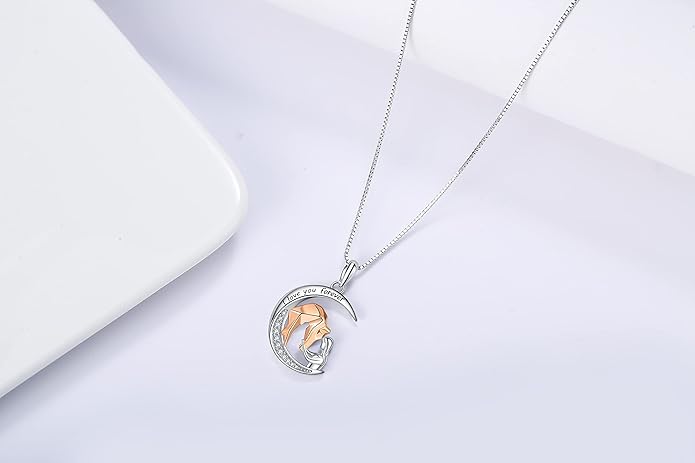 925 Sterling Silver Pig/Koala/Frog/Cat Horse Necklace I Love You to the Moon and Back Cute Animal Love Heart Moon Pendant Necklaces Jewelry Birthday Gifts for Women Best Friends