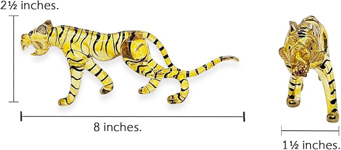 WitnyStore Tiny 8" Long Yellow Black Walking Tiger Roaring Figurine - Miniature Hand Blown Painted Glass Panthera Wild Cat Small Crystal Wildlife Animals Decorative Collectible Figurines Décor Gifts