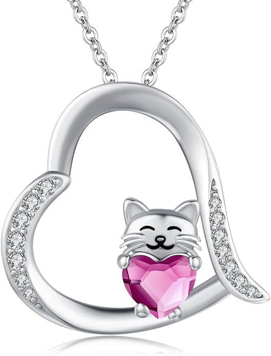 JUSTKIDSTOY Sterling Silver Cute Animal Pendant Necklace with Crystal Cat Pendant - Women's Cat Lovers Jewelry Gift