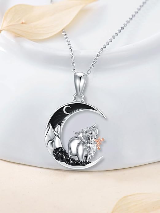 Gothic Jewelry Bat/Cat/Wolf/Dragon/Owl/Fox/Spider/Sun Pendant Sterling Silver Crescent Moon Necklace for Women Girls Black Jewelry Gifts