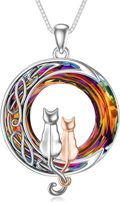 TOUPOP Cat Gifts for Cat Lovers 1 2 3 Cats Necklace Sterling Silver Cat on the Moon Pendant Necklace with Blue Circle Crystal Birthday Christmas Celtic Jewelry Gifts for Women