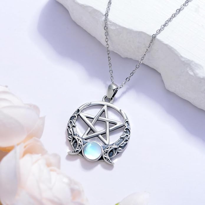 Witch Necklace 925 Sterling Silver Pentagram Triple Moon Pentacle Pendant Wiccan Pagan Jewelry Witchy Gifts for Women