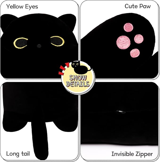 Long Plush Black Cat Toy Kids Plush Toy Pillow Hugging Pillow Cute Plush Cat Stuffed Animal Toy Gift for Kids(Black, 50cm/19.6in)