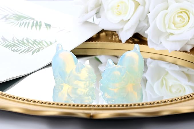Opal Opalite Cat Crystal Statue Stone Carved Figurines for Lazy Cat Healing Crystals Spiritual Sculpture Desk Office Room Home Decoration Lucky Kitten Gifts for Cat Lovers Women Men