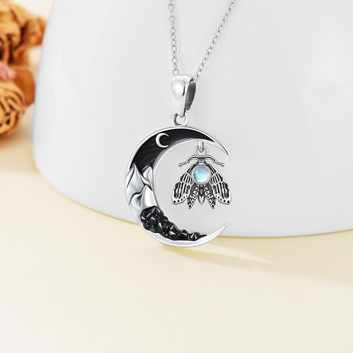 Gothic Jewelry Bat/Cat/Wolf/Dragon/Owl/Fox/Spider/Sun Pendant Sterling Silver Crescent Moon Necklace for Women Girls Black Jewelry Gifts