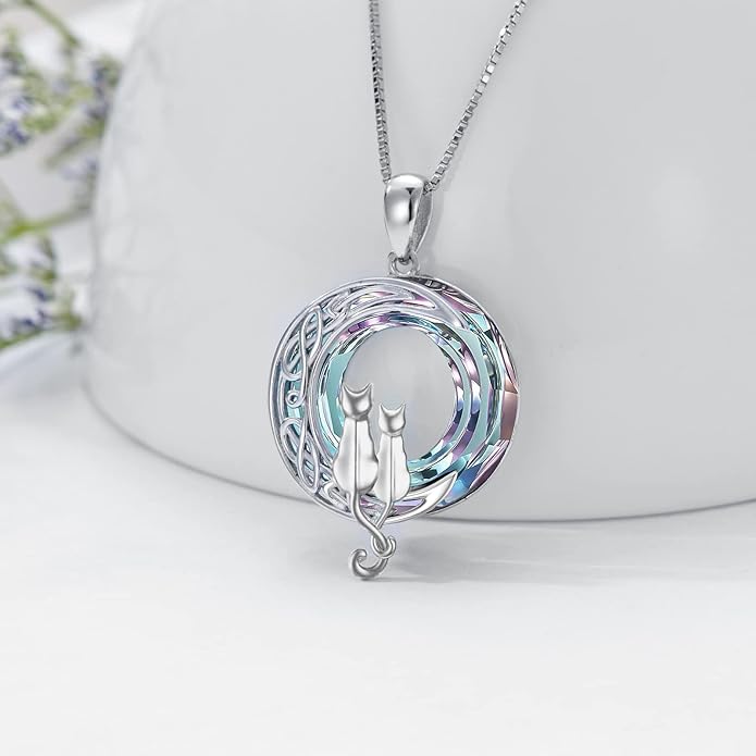 TOUPOP Cat Gifts for Cat Lovers 1 2 3 Cats Necklace Sterling Silver Cat on the Moon Pendant Necklace with Blue Circle Crystal Birthday Christmas Celtic Jewelry Gifts for Women