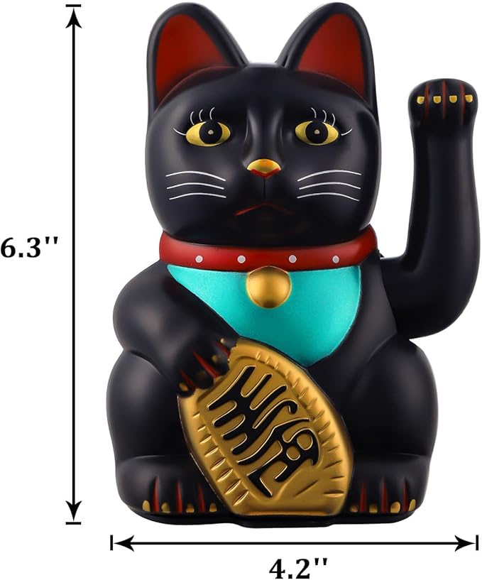 Maneki Neko Lucky Cat,Fengshui Cat- Waving Arm Battery Operated for Fortune Money and Good Luck (Black, 6 in)
