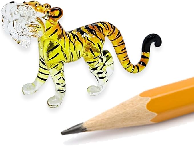 WitnyStore Tiny 1¾" Long Yellow Black Standing Tiger Roaring Figurine - Miniature Hand Blown Painted Glass Panthera Wild Cat Small Crystal Wildlife Animals Decorative Collectible Figurines Décor Gifts