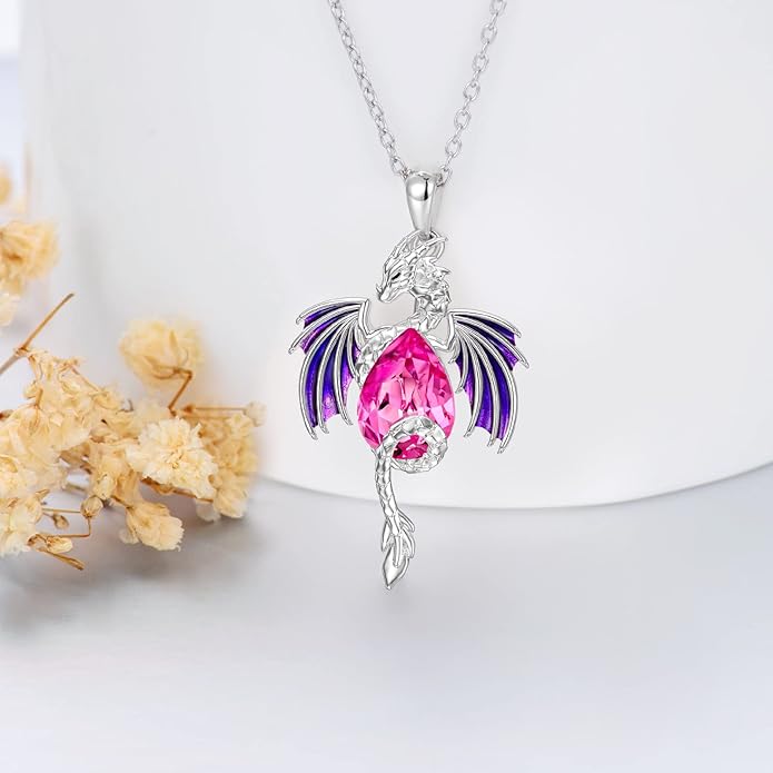 Dragon Necklace for Men Sterling Silver Birthstone Wyvern Necklace Embllished with Teardrop Shaped Crystal Jewelry for Women