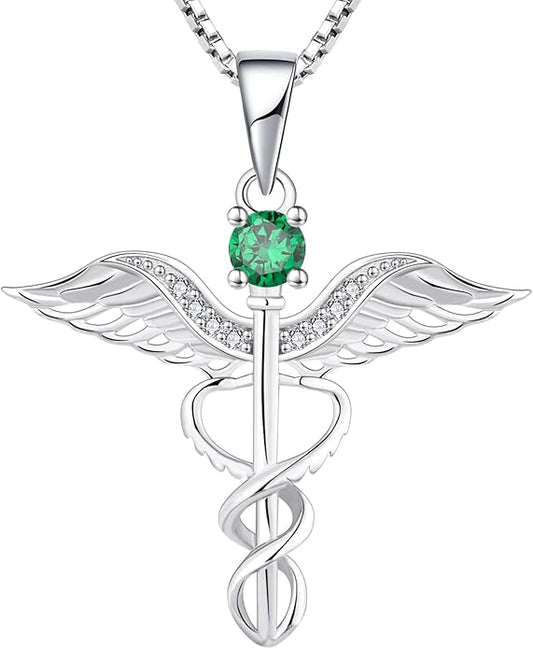 YL Caduceus Necklace Sterling Silver Doctor Nurse Themed Pendant Birthstone Angel Wings Snake Jewelry for Women