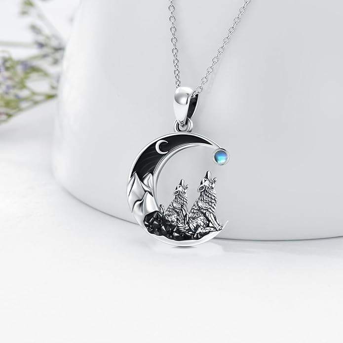 Gothic Jewelry Bat/Cat/Wolf/Dragon/Owl/Fox/Spider/Sun Pendant Sterling Silver Crescent Moon Necklace for Women Girls Black Jewelry Gifts