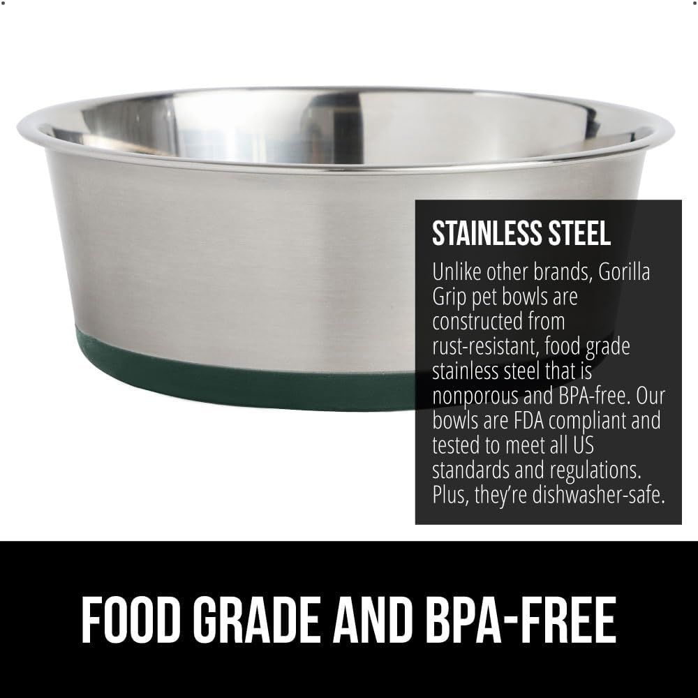 GORILLA GRIP Set of 2 Dog Bowls, Holds 8 Cups (64 fl oz), Heavy Duty Metal Food and Water Bowl for Feeding Dogs and Cats, Dishwasher Safe, Rust Resistant Stainless Steel, BPA Free Rubber Base, Green