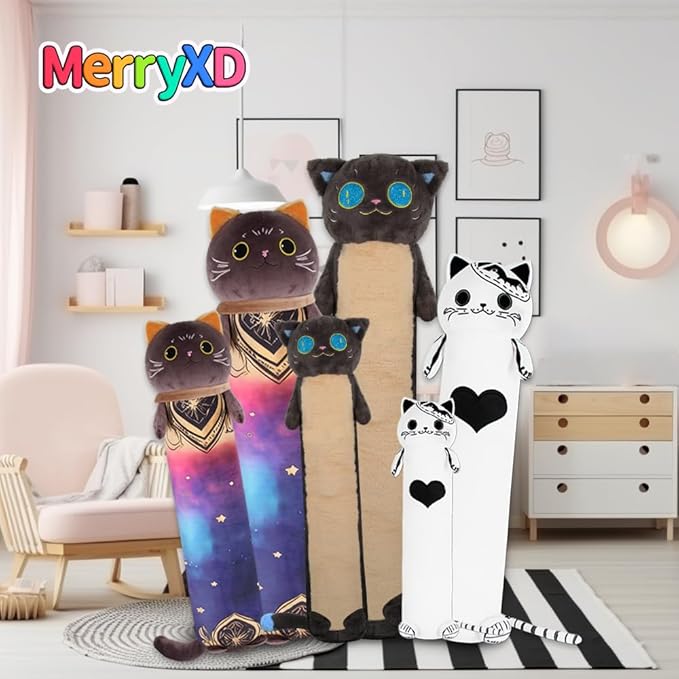 MerryXD Long Cat Plush Kawaii Body Pillow, 36” Cute Black Cat Stuffed Animals Soft Plushies, Big Eyes Kitten Plush Toys Throw Pillow Doll Gift for Girlfriend,Birthday,Christmas,Halloween