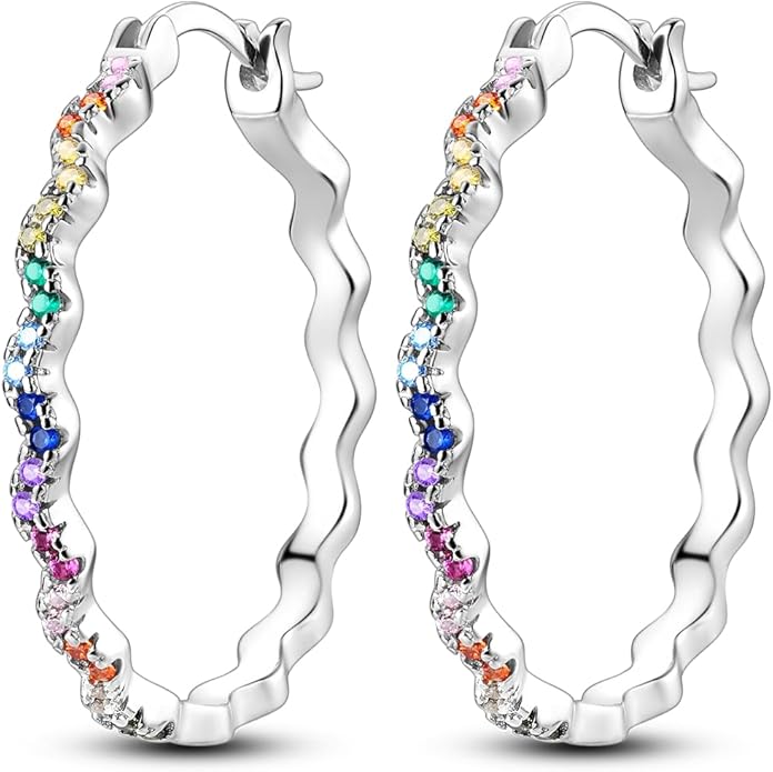 NARMO 925 Sterling Silver Hoop Earrings for Women Hypoallergenic Lightweight Simple Huggie Hoop Earrings Twisted Hoop Earrings Colorful Cubic Zirconia Hoop Earrings Rainbow Hoop Earrings