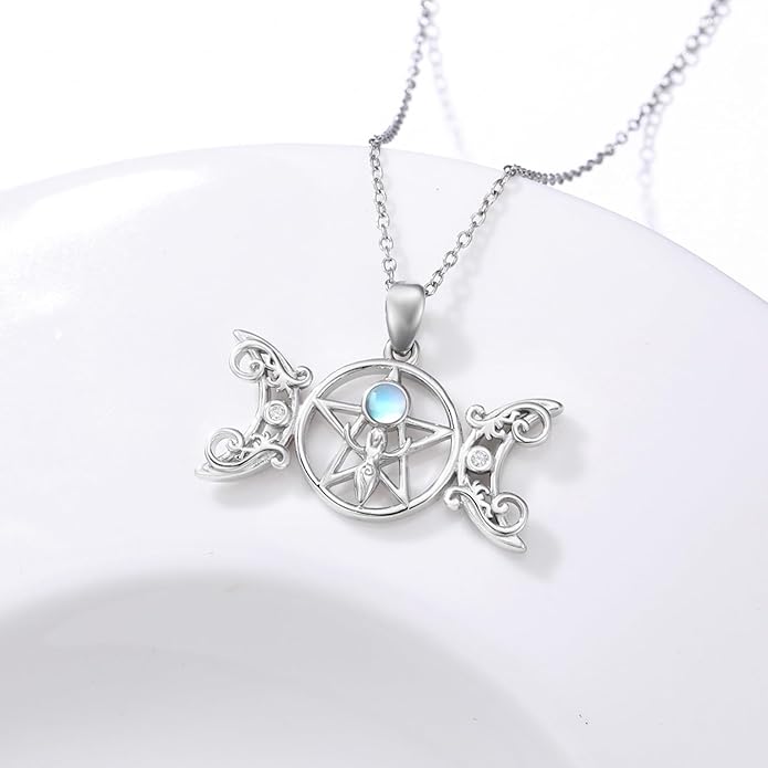 Witch Necklace 925 Sterling Silver Pentagram Triple Moon Pentacle Pendant Wiccan Pagan Jewelry Witchy Gifts for Women