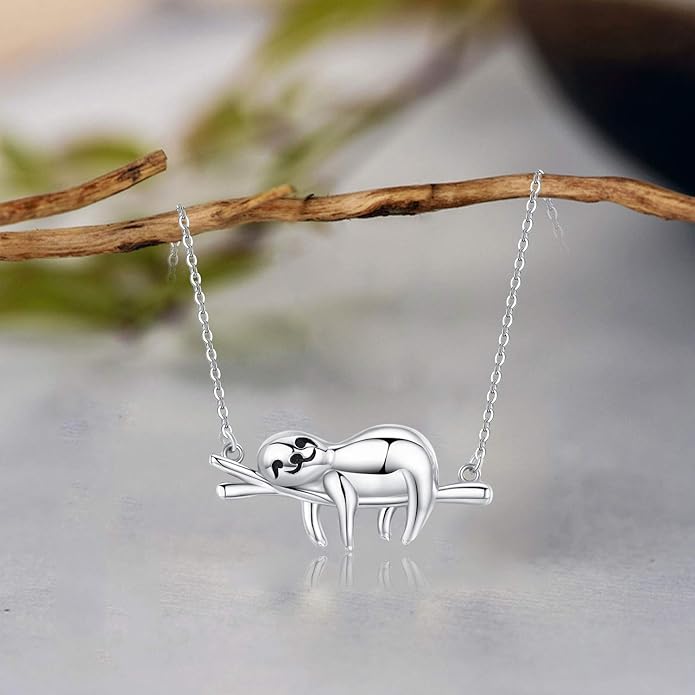 JUSTKIDSTOY Sloth Necklace Sterling Silver “Slow Down Be Happy” Slider Sloths Stuffed Animal Pendant Jewelry Charm Gifts for Women