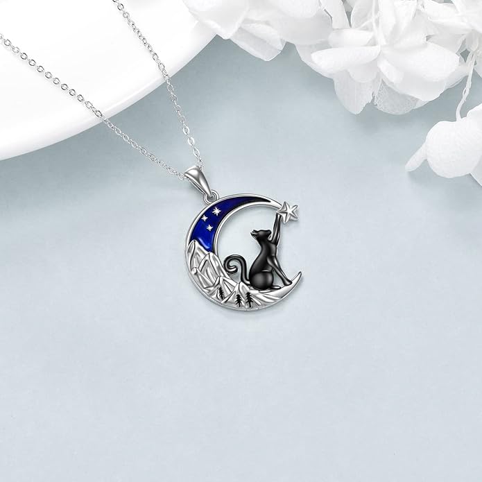 925 Sterling Silver Moon Black Cat Necklace for Women - Tree of Life Jewelry with Abalone Stone - Cat Lover Birthday Gift