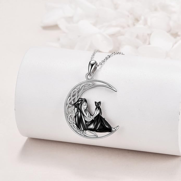 Witch Necklace Sterling Silver Witch/Skull Moon Pendant Halloween Jewelry Gifts for Women