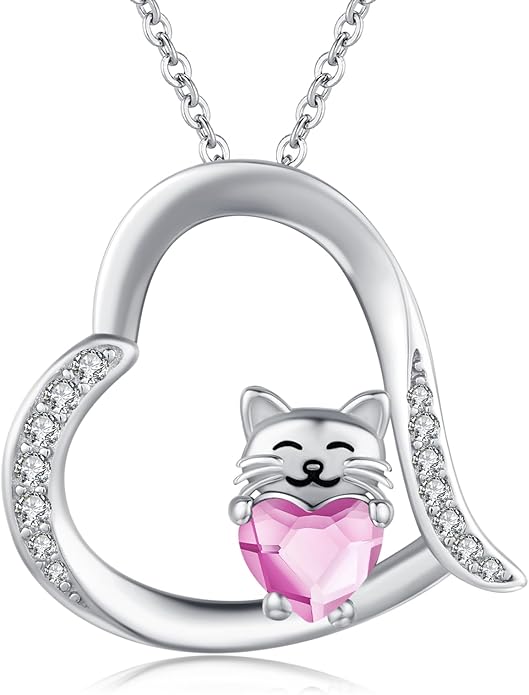 JUSTKIDSTOY Sterling Silver Cute Animal Pendant Necklace with Crystal Cat Pendant - Women's Cat Lovers Jewelry Gift