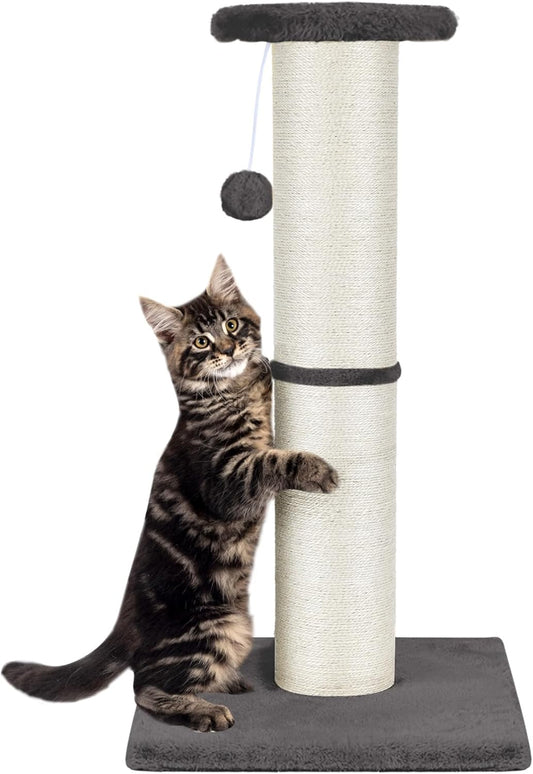 PAWSCRAT Cat Scratching Post 32" Tall, Large Diameter Natural Sisal Cat Scratch Post with Dangling Ball, Scratch-Resistant and Durable Tall Cat Scratcher for Indoor Cats, Protect Your Furniture, Grey