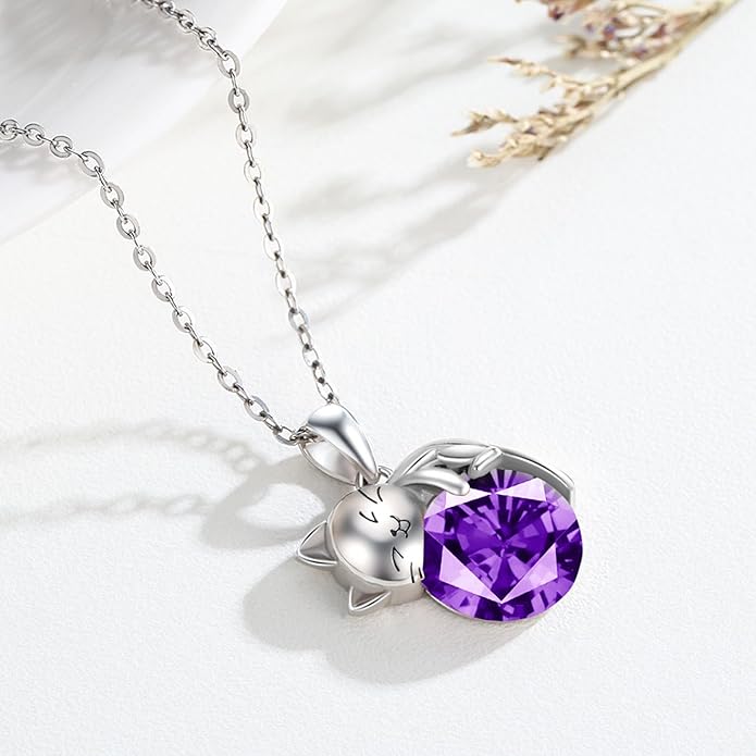 LONAGO Cat Necklace with Birthstone 925 Sterling Silver Cat Pendant Necklace Gift for Women