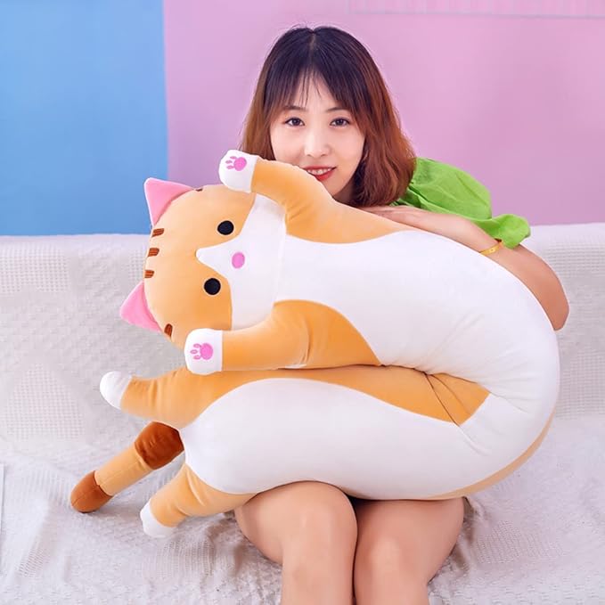 43.32in Long Yellow Cat Plush Pillow Toy Sleeping Pillow Cute Cartoon Cat Stuffed Animals Soft Long Body Pillow Gift for Kids Adults