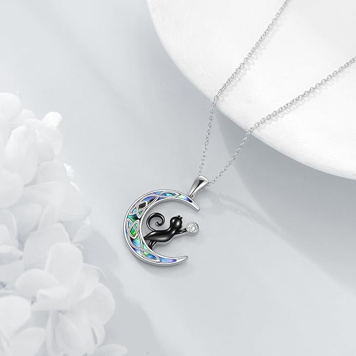 925 Sterling Silver Celtic Crescent Moon Animal Necklace for Women Fox/Black Cat/Hummingbird Crystal/Abalone Shell Pendant Jewelry Gift for Mom Daughter