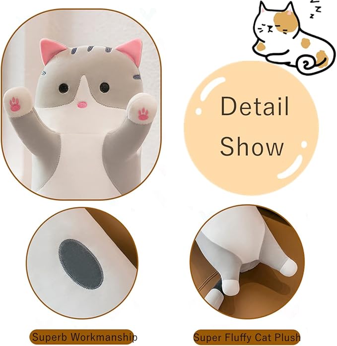 Long Gray Cat Plush Pillow Toy Sleeping Pillow Cute Cartoon Cat Stuffed Animals Soft Long Body Pillow Gift for Kids(19.68in)