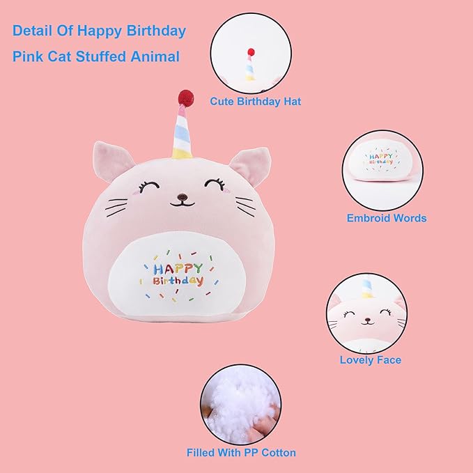 12 Inch Plush Birthday Cat Kitty Stuffed Animal Happy Birthday Cat Hugging Pillow Birthday Cat Plushies Throw Pillow Birthday Pink Cat Kitten Anime Gift for Kids and Lovers