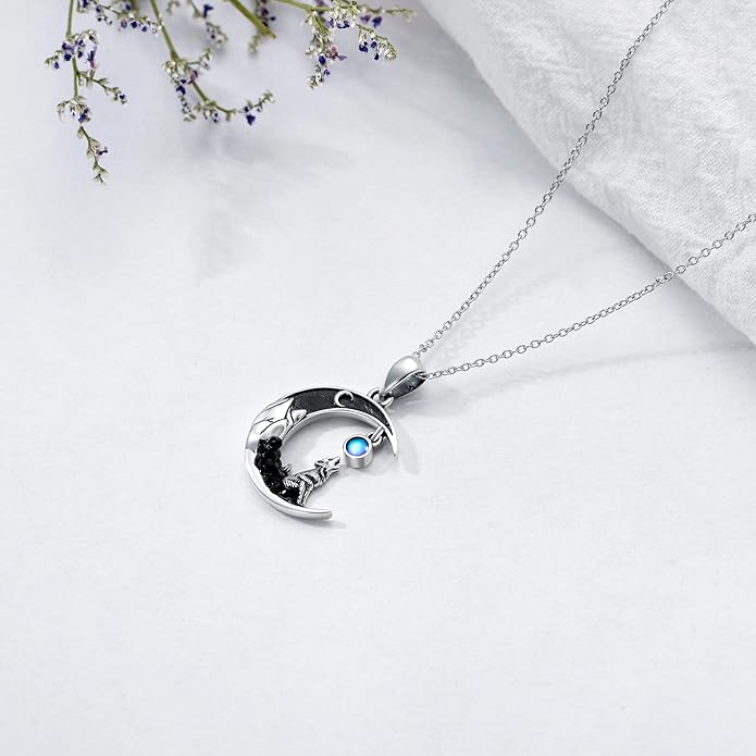 Gothic Jewelry Bat/Cat/Wolf/Dragon/Owl/Fox/Spider/Sun Pendant Sterling Silver Crescent Moon Necklace for Women Girls Black Jewelry Gifts