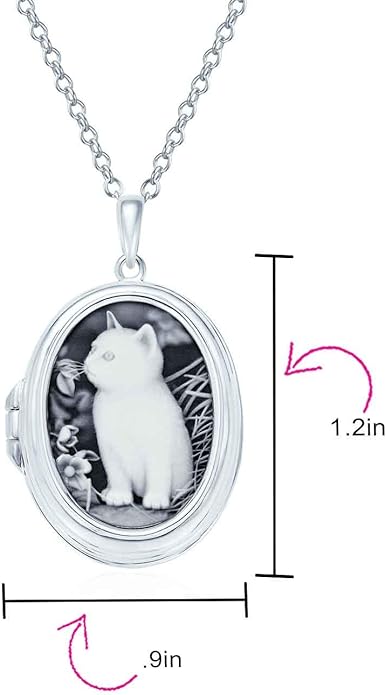 Personalized Custom Engraved Holds Picture Vintage Antique Style Simulated Black White Onyx Sitting Kitten Oval Cat Cameo Photo Locket Pendant Necklace For Women Teen .925 Sterling Silver
