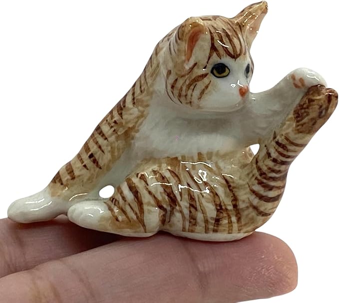WitnyStore Tiny 2¼" Brown White Tabby Shorthair Cat Chasing Tail Figurine - Miniature Hand Made Painted Ceramic Cats Kitten Feline Animal Cute Porcelain Decorative Collectible Figurines Décor Gifts