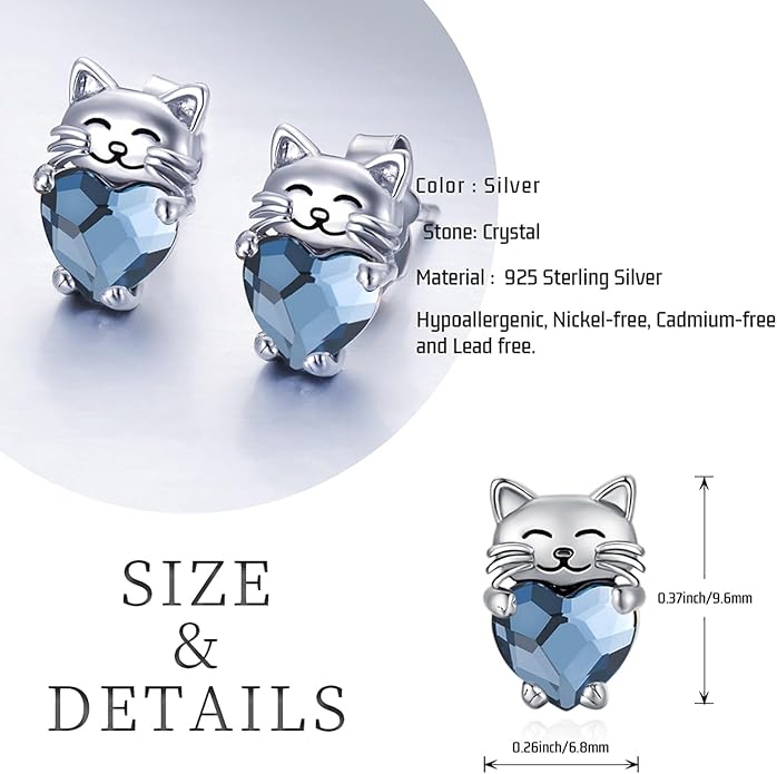 925 Sterling Silver Cat Earrings Cute Animal Kitten Stud Earrings cat Jewelry Gifts for Women Girls Hypoallergenic Earrings for Sensitive Ears
