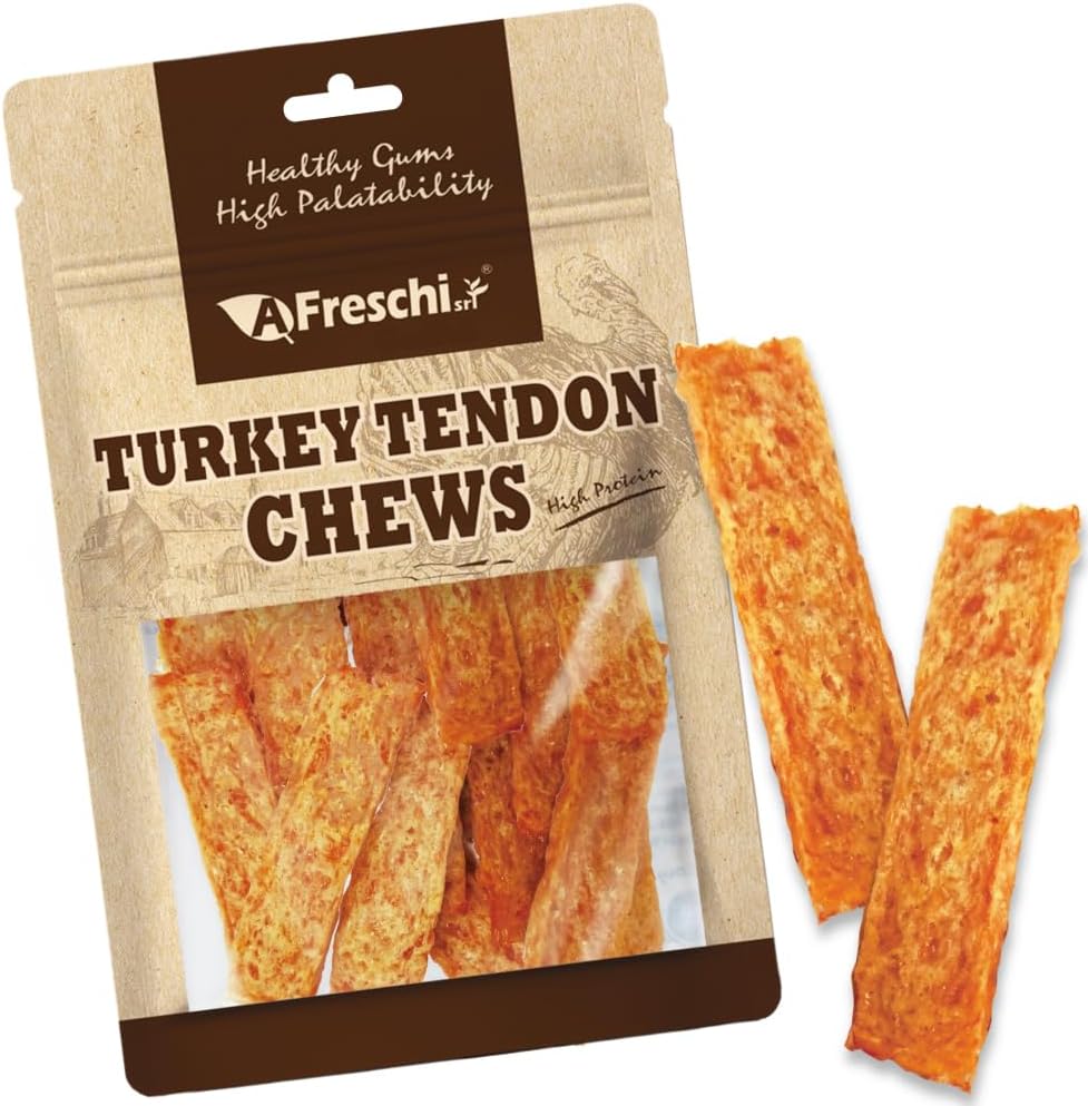 AFreschi Turkey Tendons for Dogs, USA-Sourced, Healthy Dog Treats, Rawhide-Free Puppy Chews, Long Lasting, All Natural, Hypoallergenic Dog Treats, Classic Series, Sliced, 3.5 oz Pack