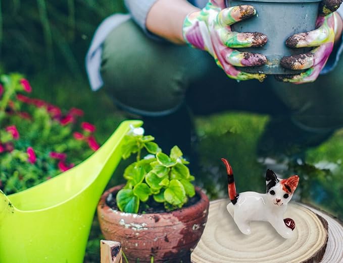 WitnyStore Tiny 1½" Calico Tricolor Shorthair Cat Standing Play Ball Figurine - Miniature Hand Made Painted Ceramic Cats Kitten Feline Animal Cute Porcelain Decorative Collectible Figure Décor Gifts