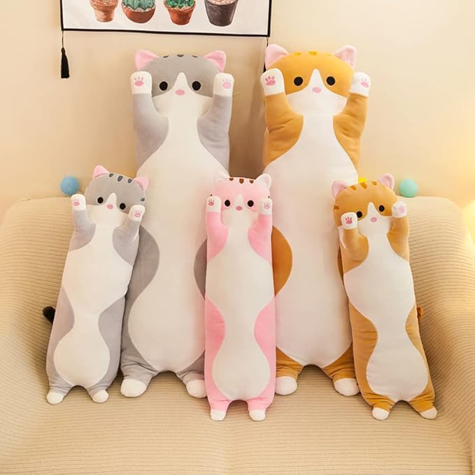 Long Pink Cat Plush Pillow Toy Sleeping Pillow Cute Cartoon Cat Stuffed Animals Soft Long Body Pillow Gift for Kids(35.43in)