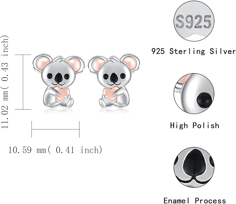 Sterling Silver Animal Stud Earrings: S925 Hypoallergenic Cute Koala Bear Cat Llama Bunny Cow Earrings for Women Koala Animal Stud Earrings Jewelry Gifts