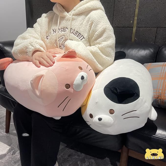 AIXINI 13.7 inch Cute Cat Plush Pillow Stuffed Squishy Animal Cylindrical Body Pillow, Super Soft Fat Cat Chubby Kitten Kawaii Pillow-Pink