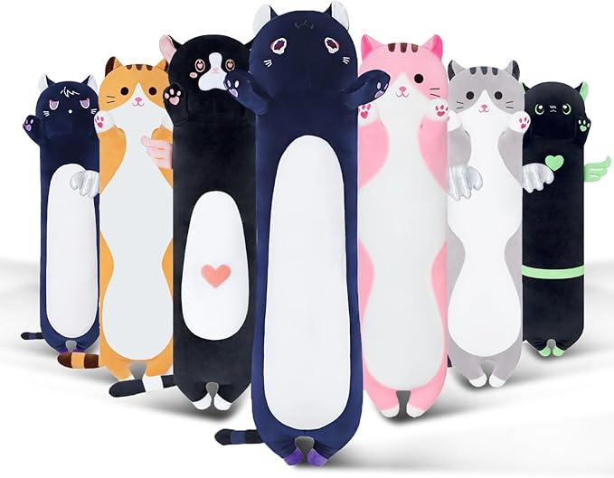 Long Cat Plush Body Pillow, Soft Cat Plush Toy Pillows for Kids, Stuffed Animals Cat Plushies Gifts for Girls Girlfriend(DevilCAT with Skull, 27.6in/70cm)