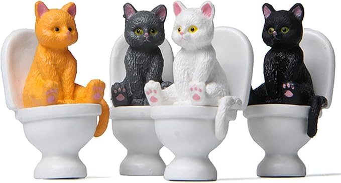 White Miniature Cat Figure Sitting On Toilet Cat Statue Figurine Resin Home Decor Cartoon Animal Garden Statues,Garden Miniatures Arden Sculptures and Statues