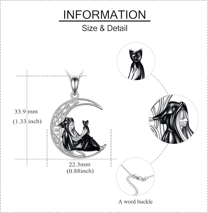 Witch Necklace Sterling Silver Witch/Skull Moon Pendant Halloween Jewelry Gifts for Women