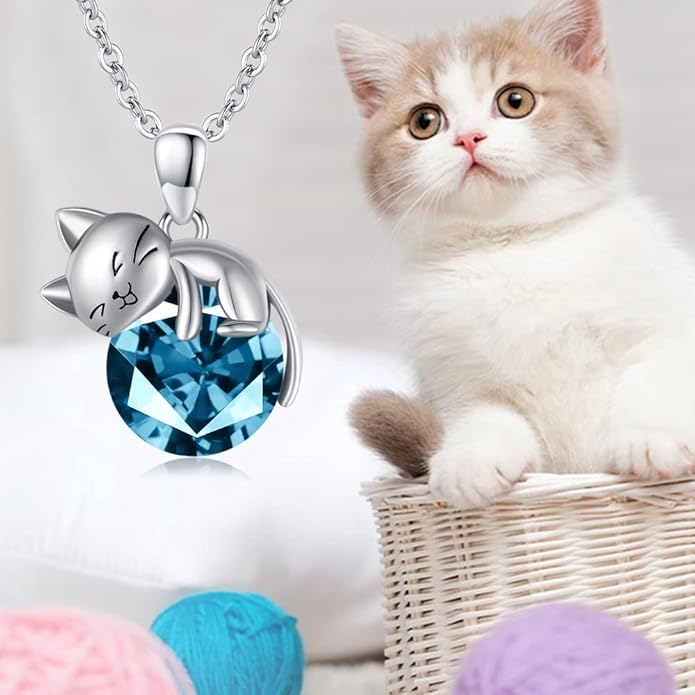 LONAGO Cat Necklace with Birthstone 925 Sterling Silver Cat Pendant Necklace Gift for Women